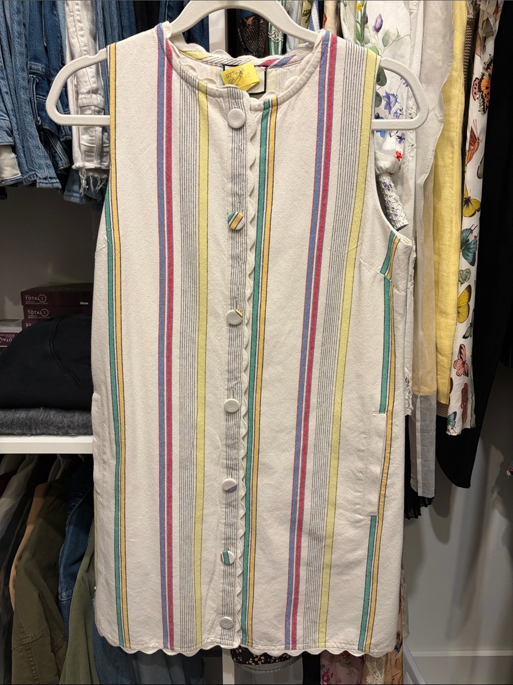 Tuckernuck Sleeveless Mini Dress in White with Pink, Yellow & Teal Stripes